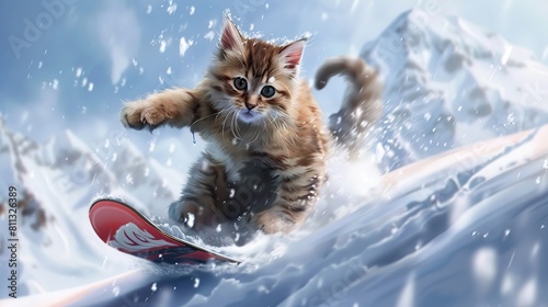 cat playing snowboard sport. Generative Ai