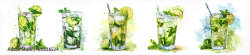 Set of 5 watercolor Mojito cocktail illustration with lime and mint  isolated on white background