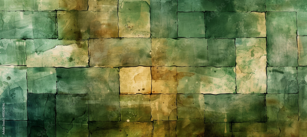 Asian-inspired Watercolor Texture, Aerial View of Green & Brown Square Pattern Asian-inspired Watercolor Texture, Aerial View of Green & Brown Square Pattern