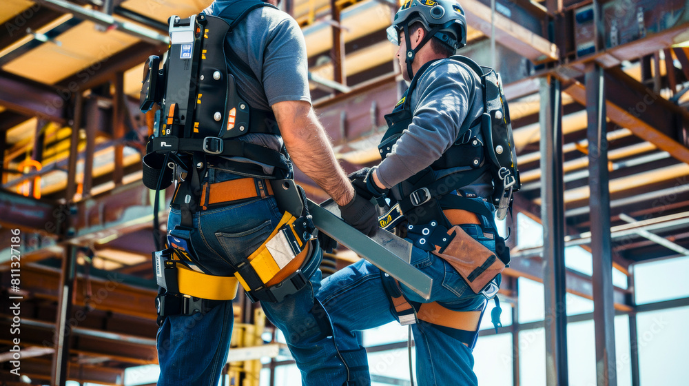 Construction workers wear exoskeletons Construction workers wear exoskeletons