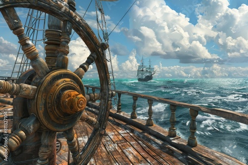 perspective view of ships wheel on old pirate sailing vessel in open sea adventure concept digital painting photo