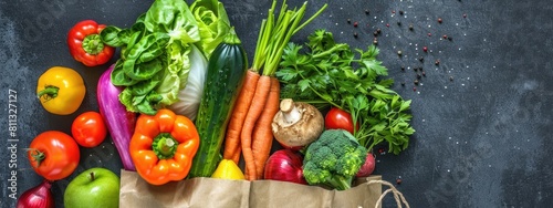 eco bag with vegetables top view on a gray background. Selective focus