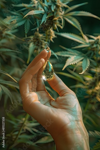 close up hand of hemp leaf drop of oil. Selective focus © Anna