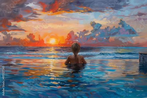 serene sunset at hollywood beach woman relaxing in infinity pool overlooking florida coastline oil painting