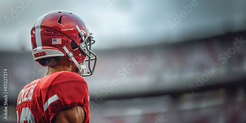 An American football player in a red helmet and uniform stands with his back. On the background of a grandstand with fans. Copy space photo