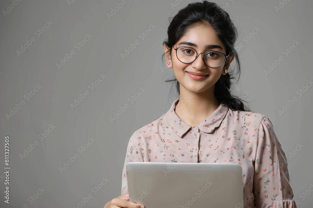smiling young indian woman wearing glasses holding laptop computer looking at screen with positive expression grey studio background authentic stock photo smiling young indian woman wearing glasses holding laptop computer looking at screen with positive expression grey studio background authentic stock photo
