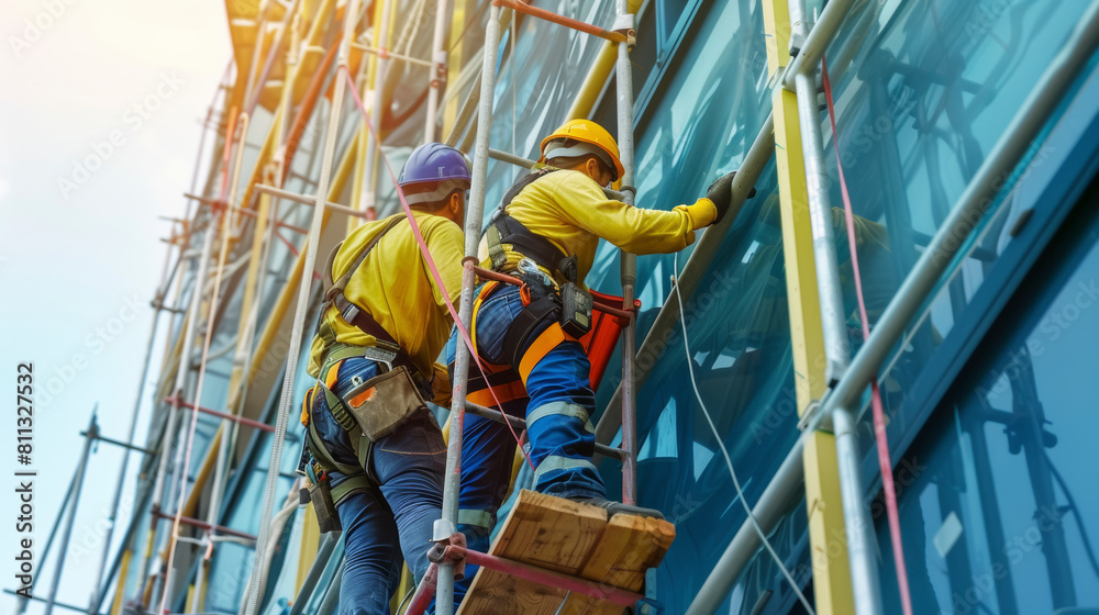 Construction workers on construction sites wearing exoskeletons Construction workers on construction sites wearing exoskeletons