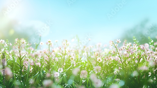 fondo de plantas y flores blancas en un dia soleado y fresco cesped y pasto frente a un cielo azul fondo con espacio para copiar photo