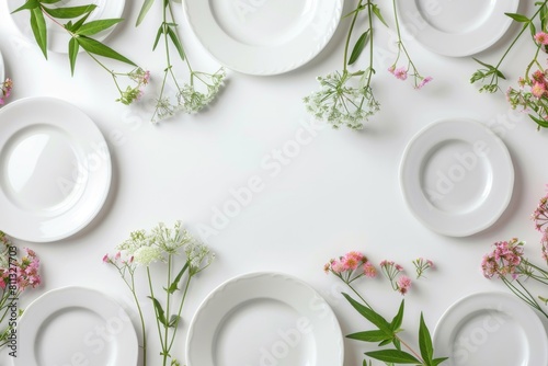 A white table with a floral arrangement and white plates with copy space