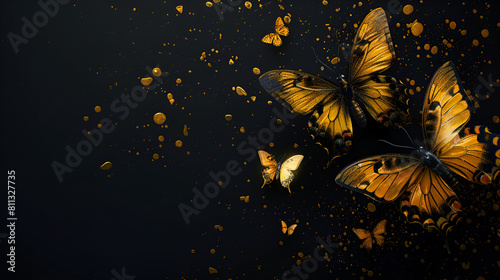 plantilla con fondo negro con mariposas en 3d en tercera dimension fondo elegante para diseño o decoración photo