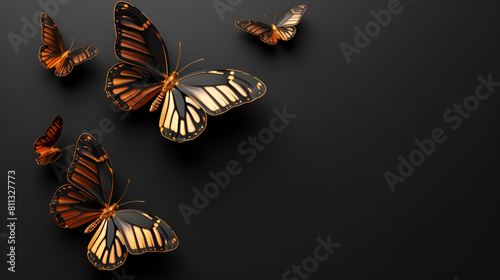 Fondo negro elegante con mariposas doradas en tercera dimension 3d marco plantilla para diseño o decoración photo