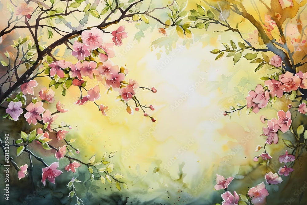 custom made wallpaper toronto digitalspring blossom twigs framing warm sunlit meadow watercolor painting