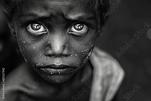 starving childs sorrowful gaze powerful portrait capturing poverty and hunger black and white photography photo