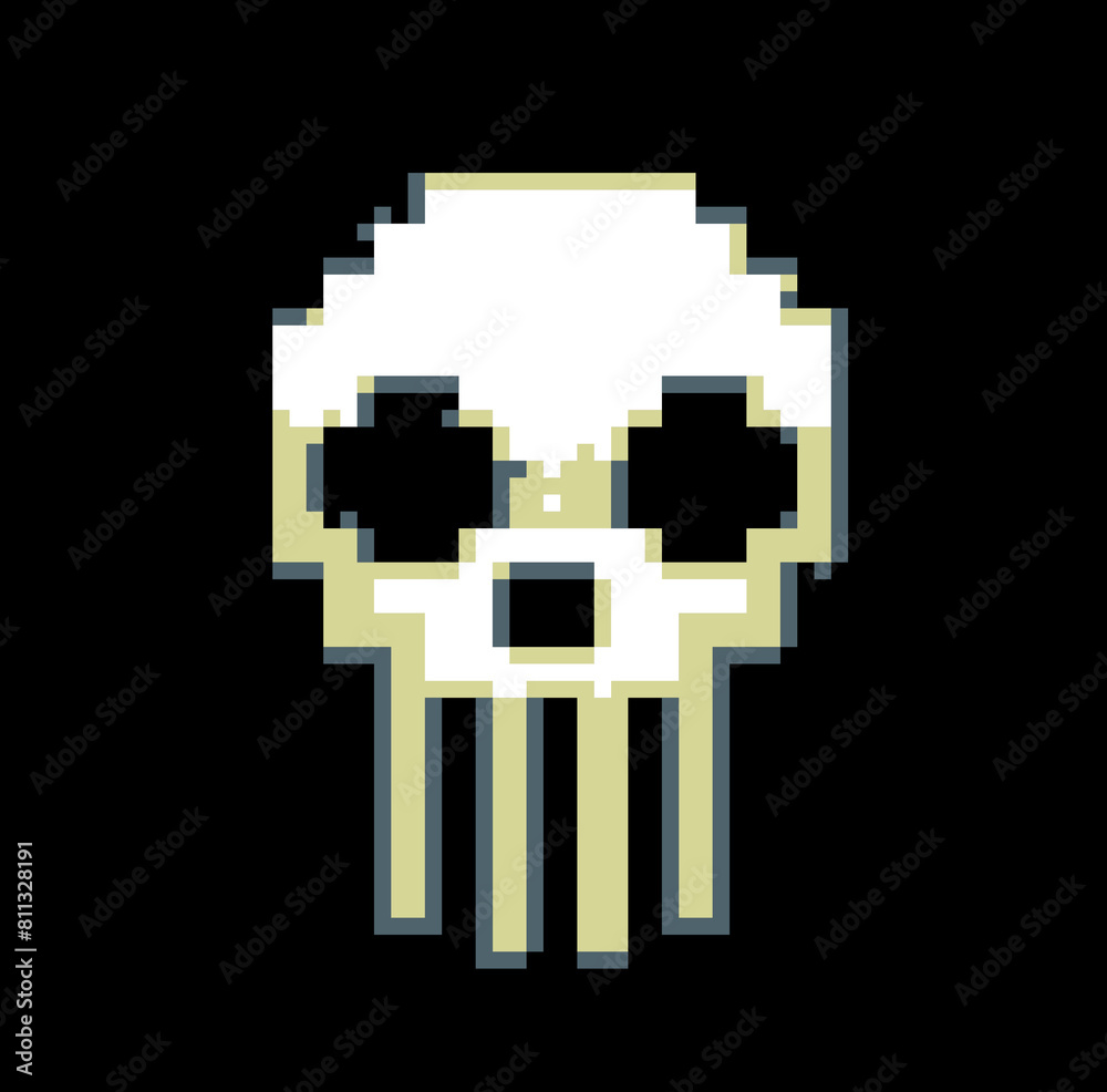 Pixel art of a human skull on a dark background. Retro 8-bit style vector illustration. Pixel art of a human skull on a dark background. Retro 8-bit style vector illustration.