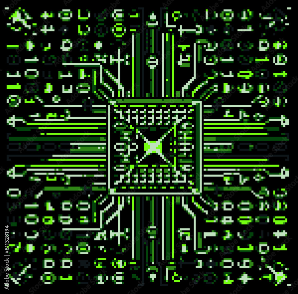 Pixel image of an abstract computer scheme and circuit. Vector illustration in 8-bit retrofuturistic style.