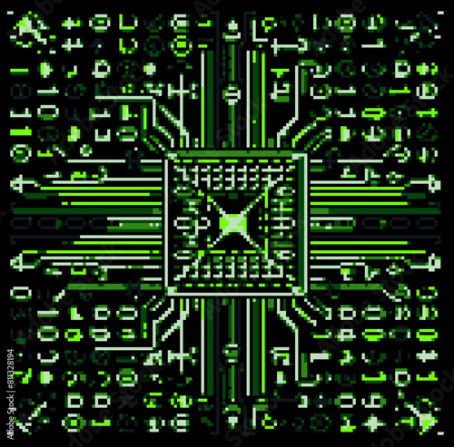 Pixel image of an abstract computer scheme and circuit. Vector illustration in 8-bit retrofuturistic style.