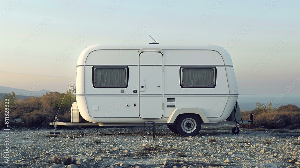 This is a beautiful image of a vintage camper trailer parked on a rocky hilltop overlooking the ocean. The setting is bathed in warm golden light.