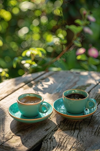 two cups of coffee on a wooden table on a background of nature. Selective focus © Anna