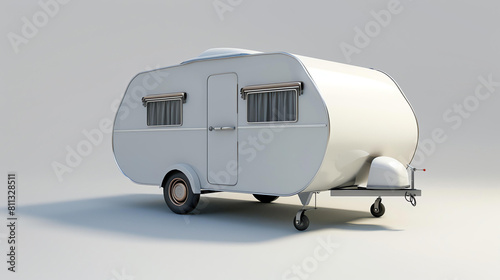 This is a 3D rendering of a vintage camper trailer. It has a simple design and a rounded roof.