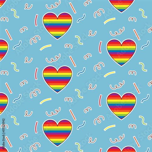 Colorful seamless pattern with LGBT symbols. Lesbians, gays, bisexuals, transsexuals. LGBT flag. Cartoon texture on a blue background for decoration and print, holiday packaging, fabrics, wallpaper.