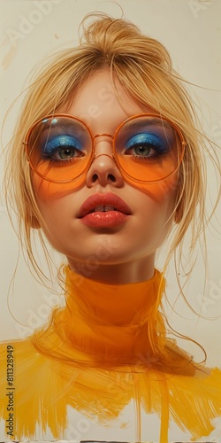 Portrait of a beautiful blonde girl in blue makeup wearing sunglasses