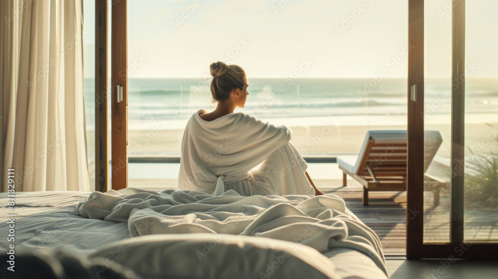 Young Woman Lounging in Luxurious Beach House