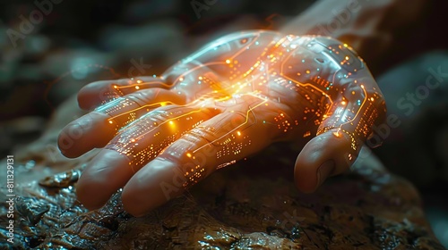 The hand of a man is currently using AI, Artificial Intelligence, to generate content. Text is converted into images, speech is converted into words, and smart artificial intelligence generates photo