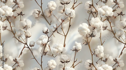 A seamless pattern of cotton flowers. The flowers are white and fluffy  and the branches are brown. The background is a soft  neutral color.