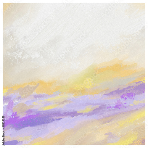 Impressionistic Light Peaceful Soft Pastel Meadow or Valley Under Mountains with Clouds Cloudscape or Landscape in Purple, Orange, Yellow, Green - Digital Painting, Art, Artwork, Design, Illustration