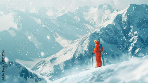 Vibrant Skier Admiring Snowy Landscape