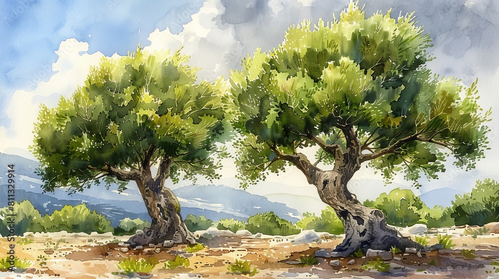 Illustrations of watercolour olive trees. Traditional Italian and Greek olive trees. Clipart artwork.
