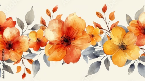 Illustration of hand drawn watercolor autumn fall colors flowers in a seamless floral pattern.