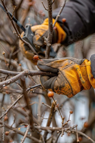 close-up of a man cutting branches on a tree