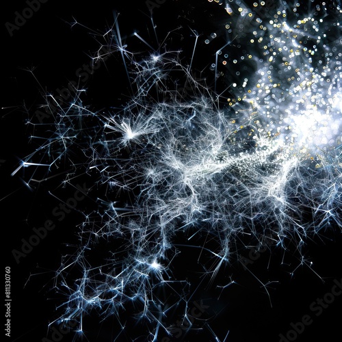 Closeup shot of beautiful sparkler burning and emitting bright sparks on black background. High quality AI generated image