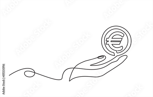Hand holding coin continuous one line drawing art. Euro coin linear symbol. Savings money concept. Vector isolated on white.