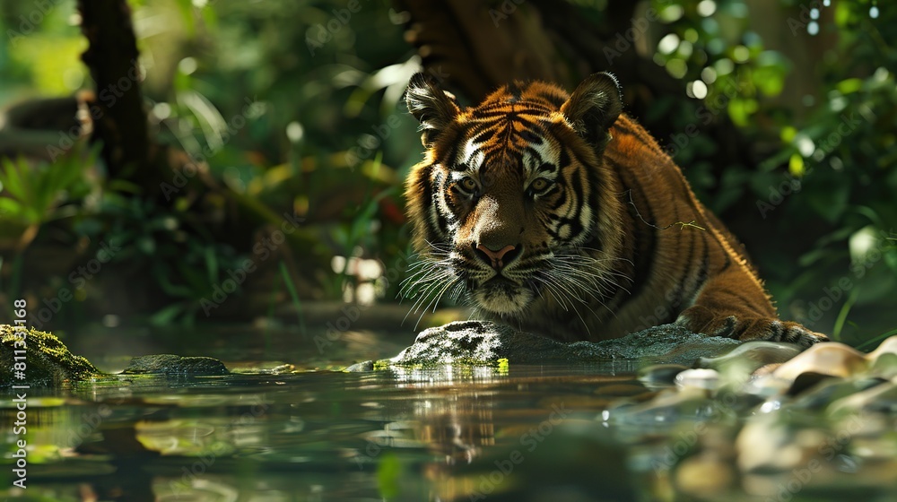 Animal in green forest stream. Grey stone, river droplet Wild tiger in nature habitat. Generative Ai Animal in green forest stream. Grey stone, river droplet Wild tiger in nature habitat. Generative Ai