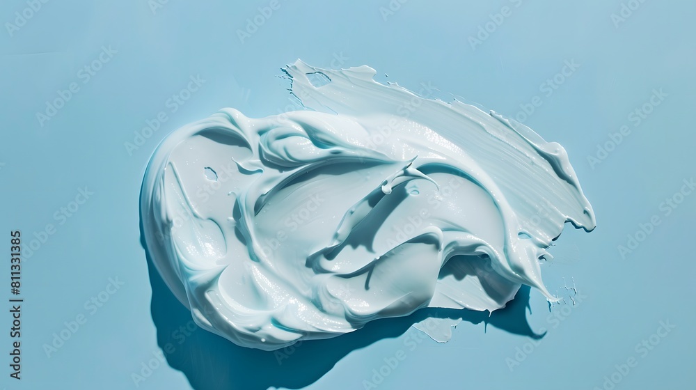A still life product image of a sample, smear or swipe of pale blue moisturiser or face cream
