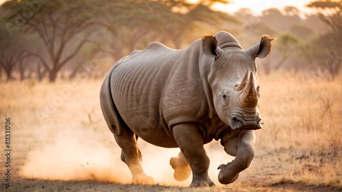 Rhino running in the savannah. Wild animal