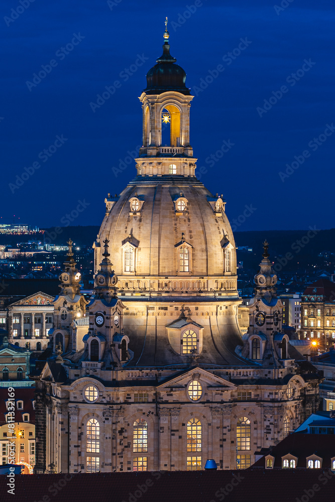 Illuminated Frauenkirche in Dresden at Night, Iconic Baroque Architecture