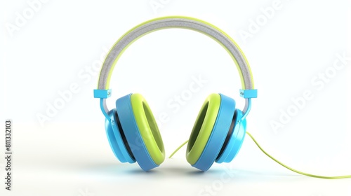 A pair of blue and green headphones. The headphones are made of plastic and have a fabric headband. The ear cups are padded with foam.