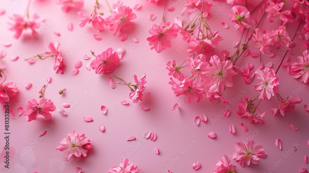 Pink flowers scattered with a pink backdrop Pink flowers scattered with a pink backdrop