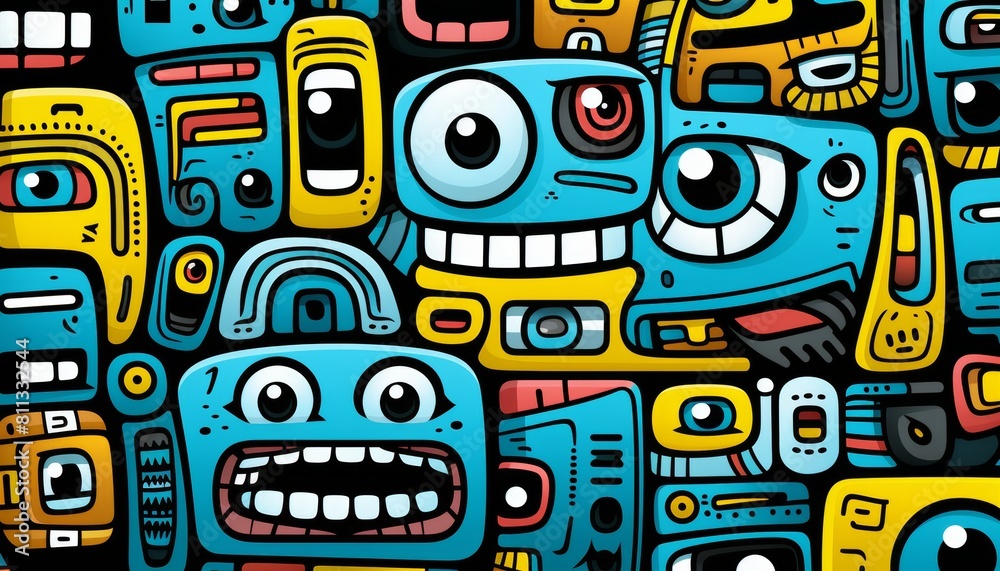 Different robots and monsters on a black background. cartoon background Different robots and monsters on a black background. cartoon background