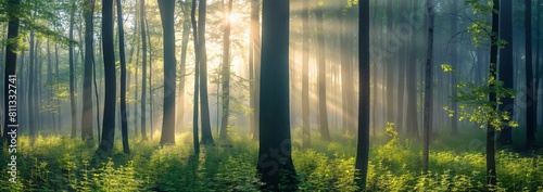 Tranquil Spring Forest Panorama with Sun Rays