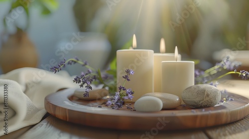 A contemporary  organic design with hyacinth-scented luxury candles placed on a wooden spa tray with stones and lavender sprigs. Shot in 8K