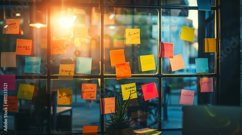 A variety of colorful sticky notes are attached to a glass wall. The notes are arranged in a haphazard manner.