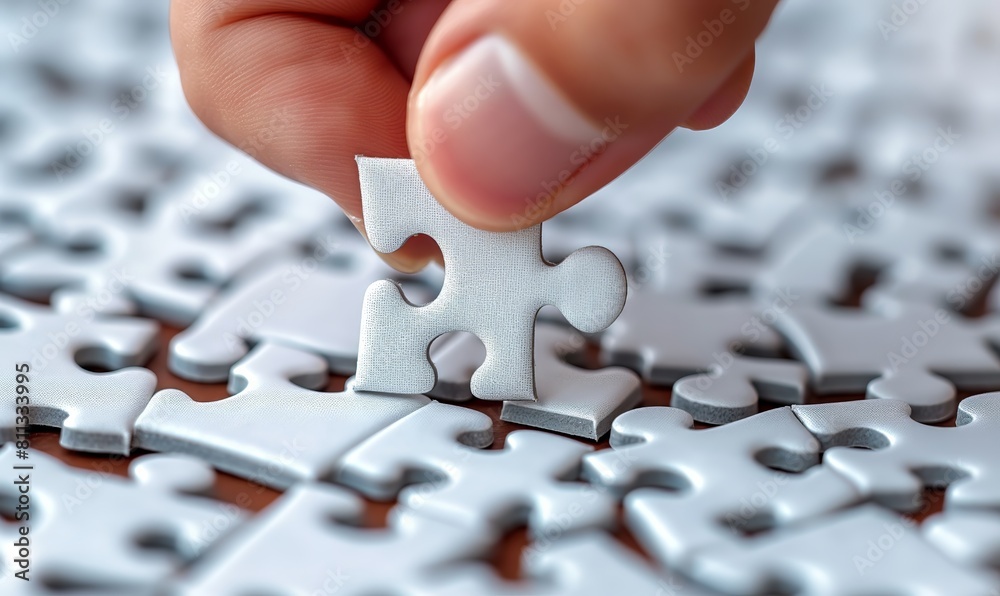 Close-up of a hand placing a puzzle piece. Close-up of a hand placing a puzzle piece.