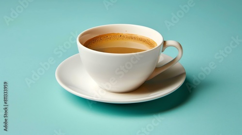 White cup of coffee on blue background. The cup is placed on a saucer. The coffee is black and there is a small amount of cream in it.