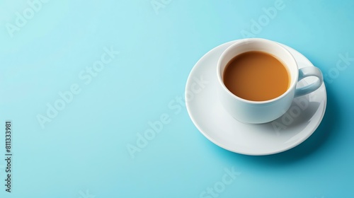 White cup of coffee on blue background. The cup is placed on the right side of the image  leaving a lot of negative space on the left.
