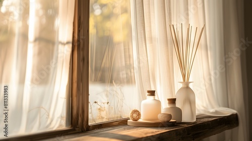 A cozy corner of a stylish living room with a luxurious diffuser collection on a rustic wooden shelf, beautifully lit by natural sunlight filtering through sheer curtains