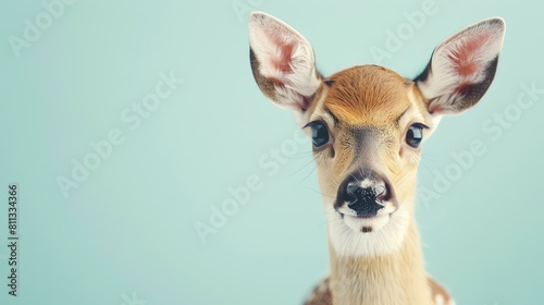 Portrait of a cute baby deer looking at the camera with a curious expression on its face. The deer has soft brown fur and big  dark eyes.